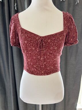 American Eagle Outfitters Burgundy Floral Square-Neck Crop Top